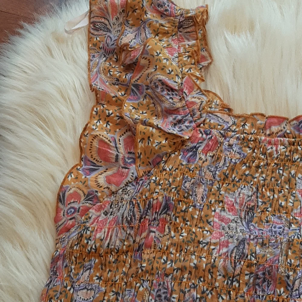 Nanette Lepore Burnt Orange Floral Print Ruched Ruffle Bottom Top, Large, NWT - Picture 6 of 12